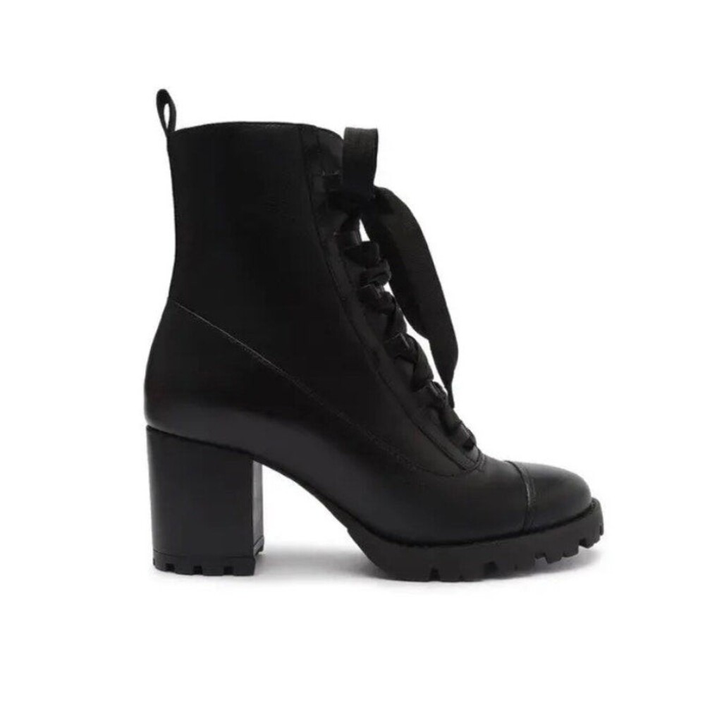 Schutz Black Leather Lace-Up Ankle Boots with Block Heel Size 8